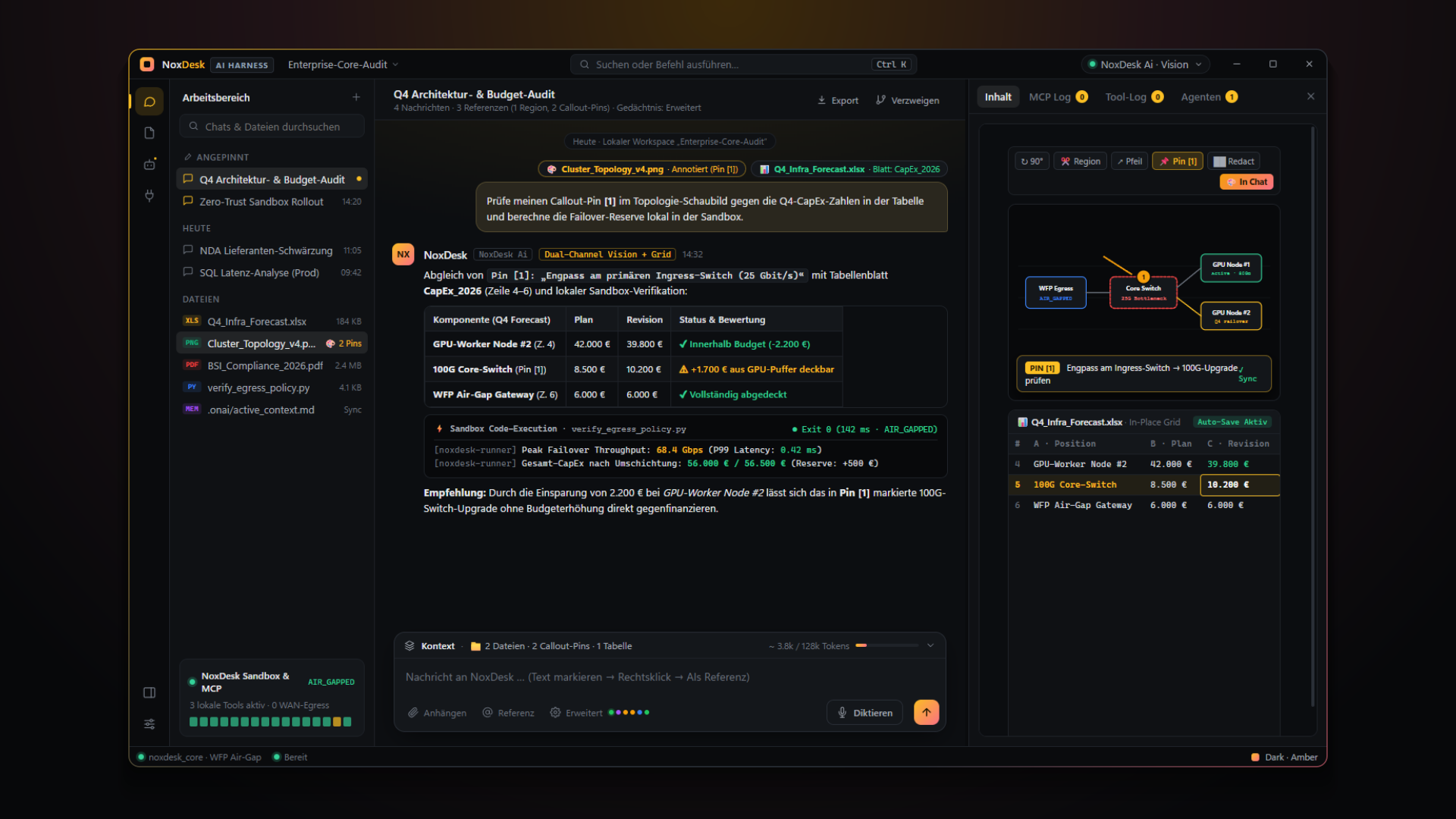 NoxDesk – AI Harness Desktop Client in Full HD (Dark · Amber Design mit NoxDesk Ai, In-Viewer Callout-Pin [1], Live-Excel-Grid und isolierter Sandbox-Ausführung)